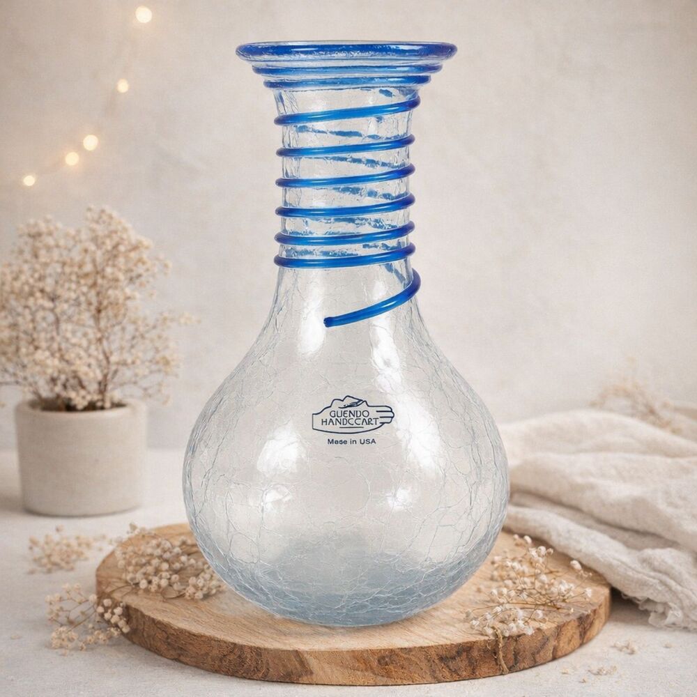 MCM Blenko Glass Decanter Vase Clear Crackle Cobalt Blue Coil Wrap 8” Vintage
